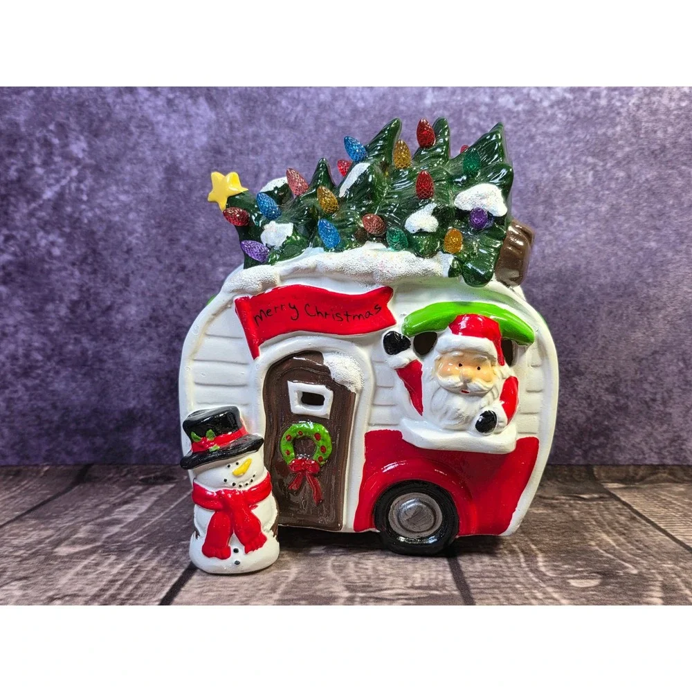 Christmas Camper LED Light Up Ceramic Decor Santa Snowman Tree Retro Trailer 8in